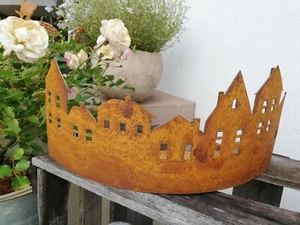 Häuserzeile Stadt Windlicht  Metall Edelrost Landhaus Lichthaus Garten 34cm - Bild 1 von 4