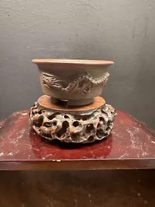 Japanese Mini Bigei Dragon Pot With Wood Carving Stand - Picture 1 of 5