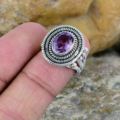 925 Argento Sterling Ametista Anello Artigianale Boho Pietra Cristallo Gioielli - Immagine 1 di 4