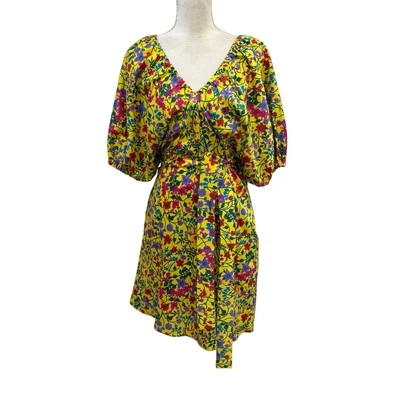 Max Mara Weekend Curvone Cotton Yellow Floral V-Neck Belted Dress Size 10 $485 - Image 1 of 4