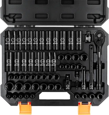 3/8" Drive Impact Socket Set 59PCS CR-V Metric SAE E-Torx Ratchet Tool Kit - Image 1 of 4