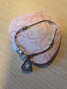 Brighton Sorority Row Scroll Heart Faux Pearl Charm Silver Chain 8" Bracelet New - Picture 1 of 6