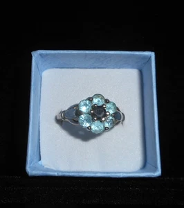Aquamarine and Sapphire Floral .925 Silver Ring-Size 8.5-Thailand - Picture 1 of 12