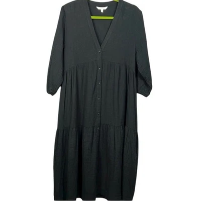 Vestido midi Calme by Johnny Was de gasa de algodón con botones en capas en negro talla XL Foto 1 de 4