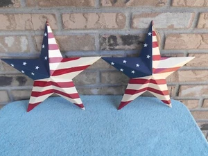 LOT OF 2 NEW IN BOX AMERICANA FLAG METAL 12" WALL HANGING BARN STARS - Picture 1 of 17