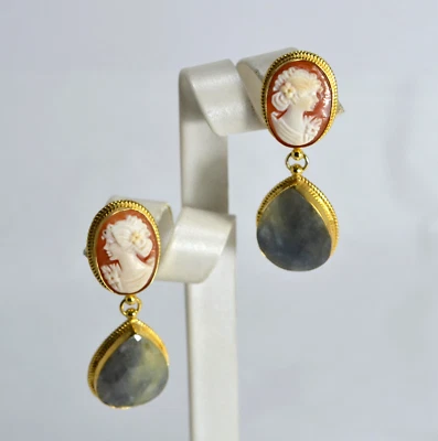 ORECCHINI ARGENTO 925 DORATO CAMMEI CORNEOLA CORIDONI  VERDE            AGHT 073 - Immagine 1 di 3