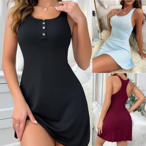 Women's Sleevless Casual Nightshirts Cotton Chemise Babydoll Sleepwear Nightgown - Picture 1 of 19