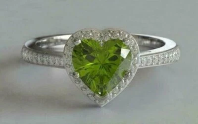 Heart Lab Created Green Peridot Engagement Ring Diamond 14K White Gold Plated - Image 1 of 4