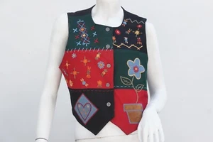 Vintage 90s Wool Blend Embroidered Patchwork Vest Boho Hippie Grannycore cottage - Picture 1 of 9