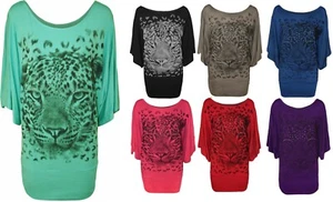 WOMENS & LADIES PLUS SIZE UNEVEN HEM SHORT SLEEVE TIGER PRINT STRETCH TOP - Picture 1 of 13