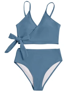 SweatyRocks Women's 2pc Bikini Tie Side Top High Waisted Bottoms Sz L Dusty Blue - Picture 1 of 7