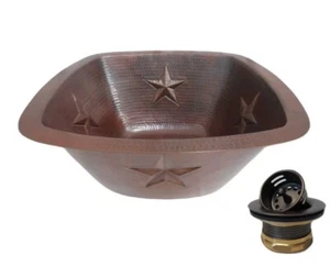 Fregadero cuadrado de barra de cobre martillado a mano de 15" con diseño de estrella y drenaje - Imagen 1 de 3