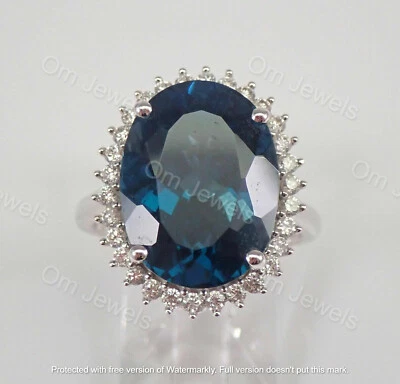 Anel de noivado 4 quilates corte oval Londres topázio azul diamante halo ouro branco 14K por cima - Imagem 1 de 4