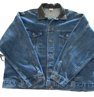 Vtg TYCA Jacket Mens XL Blue Denim Trucker Leather Bear On Back Made In USA - Image 1 of 4