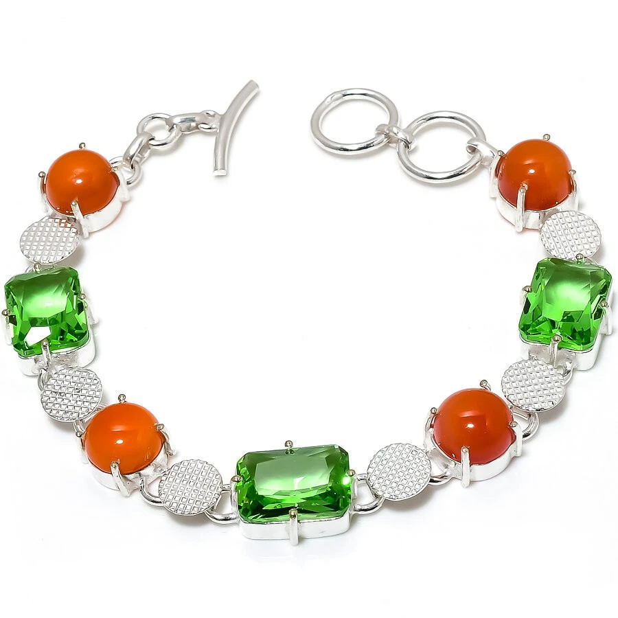 Carnelian Peridot Quartz Gemstone Silver Plated Bracelet Jewelry 7-9" - Image 1 of 1
