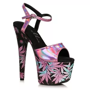 Rosa schwarze Plattformen Unkraut Marihuana Druck Stripper Pole Dancer High Heels Schuhe - Bild 1 von 5