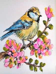 Original  ACEO  -  LITTLE BIRD ON A FLOWER BRANCH  Watercolor Painting  ART - Picture 1 of 1