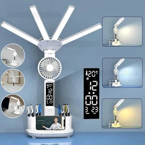 4 Head LED Reading Desk Lamp Fan Night Light Dimmable Calendar Clock Pen Holders - Picture 1 of 12
