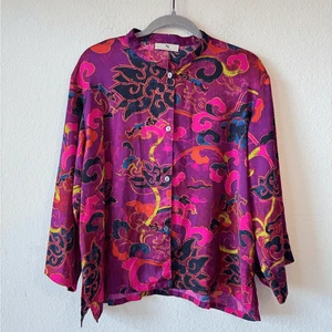 Blusa Natori Púrpura Cuello Mandarín Abotonada L Inspiración Asiática Floral Ropa de Salón - Imagen 1 de 6
