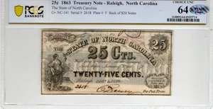 NC CR-141 1863 $0.25 North Carolina Paper Money - PCGS-B Choice Unc 64 - PLUS - Picture 1 of 2