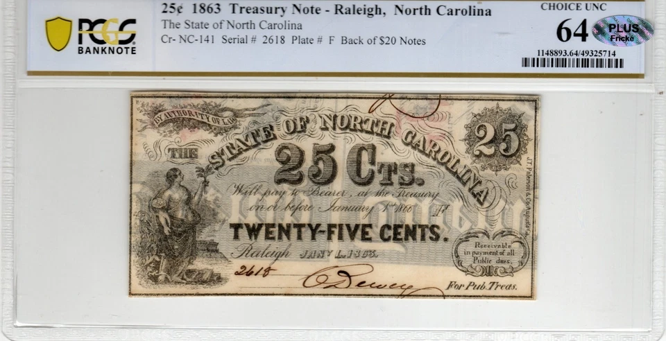 NC CR-141 1863 $0.25 North Carolina Paper Money - PCGS-B Choice Unc 64 - PLUS - Image 1 of 2