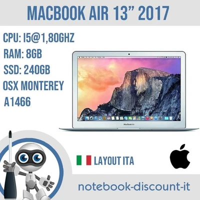 APPLE MacBook Air 13" 2017 Cpu i5 @1,80ghz  Ram 8gb  SSD 240gb  A1466  Monterey - Immagine 1 di 4