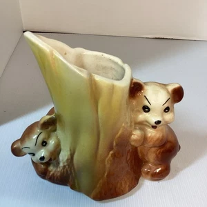 Osos bebé Bear Cubs vintage con tocón de árbol maceta EE. UU. 5,5 de altura - Imagen 1 de 10