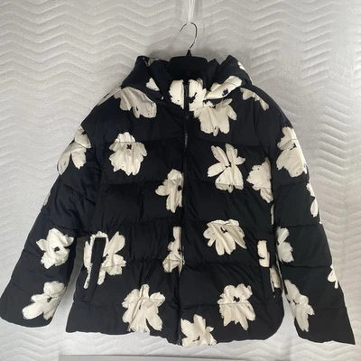 Abrigo acolchado Ava & Viv talla grande 2XL negro y crema floral acolchado capucha desmontable Foto 1 de 4