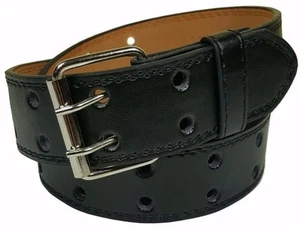 Genuine Leather Two Prong Double Row Holes Casual Plain Black Belt All Sizes - Picture 1 of 4