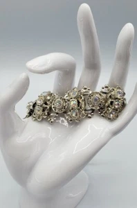 Vintage AB Rhinestone Silver Tone Filigree Metal Bracelet Jewelry - Picture 1 of 8