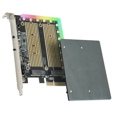 PCI Express PCIE X4 to Dual M.2 SATA/NVMe SSD Adapter W/ 5V RGB Light & Heatsink - Image 1 of 4