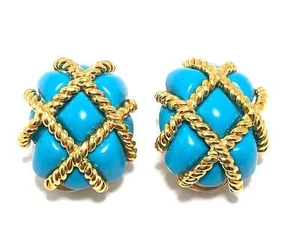 KENNETH JAY LANE, GOLD ROPE QUILTED TURQUOISE RESIN CLIP EARRINGS - Picture 1 of 12