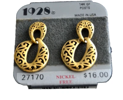 Pendientes perforados 1928 14 kgf postes filigrana dorado nuevos en caja aro entrelazado de colección Foto 1 de 3