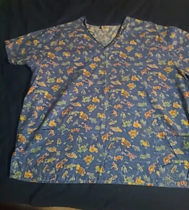 White Swan Fundamentally Cotton Womens Large Blue W Turtles,frogs Scrub Top - Picture 1 of 8