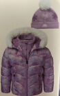 Snozu Girls Fleece Inner Puffy Down Jacket and Knit Hat, Purple Snowflake 5T