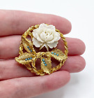Vintage Carved Celluloid Rose Circle Brooch Brushed Gold Tone Faux Turquoise