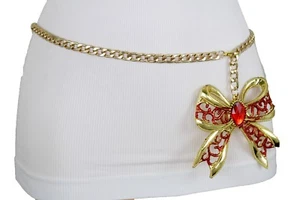 Donna Girovita Hip Oro Metallo Catena Grande Rosso Regalo Fiocco Cravatta Fibbia - Foto 1 di 12