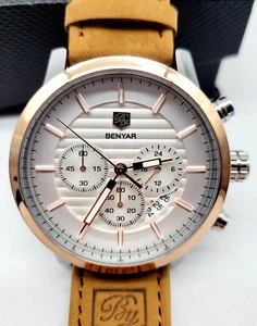 Benyar Quartz Chronograph Analog White Bezel Brown Leather Strap Wristwatch - Picture 1 of 5