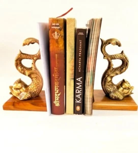 antique vintage koi fish shaped brass bookends teak wood base detailed intricate - Picture 1 of 8