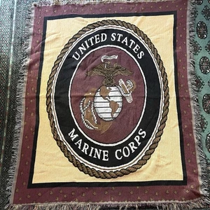 VTG US Marine Corps Red Woven Fringed Afghan Tapestry Throw Blanket USMC 56X49” - Picture 1 of 14