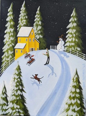 Original Folk Art Painting Dog Black Labrador Sled Ride Winter Snowman Landscape - Image 1 of 3