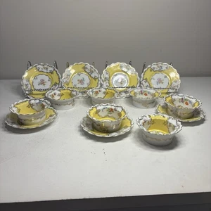 Moritz Zdekauer gelbe Blumen Goldrand Auflaufförmchen & Untertasse 7er Set - Bild 1 von 11