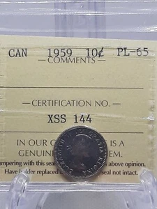 Moneda de plata de 10 centavos de Canadá 1959 certificada ICCS certificado PL 65 #XSS 144 - Imagen 1 de 2