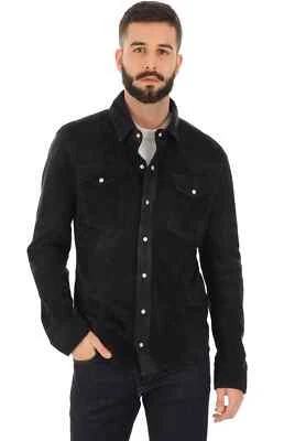 Camisa de cuero de gamuza negra para hombre 100 % piel de cordero suave hecha a medida camisa de gamuza Foto 1 de 4