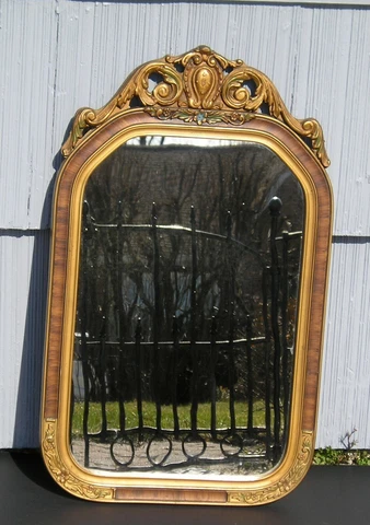 Antique Mirror Art Deco Faux Bois Bronze Gold Floral Picture Frame 14 x 23 Old Cover
