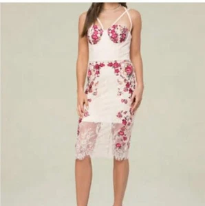 Bebe Maddie Lace Bustier Floral Embroidered Midi Dress Sheer Hem Sz 6 Whimsical - Picture 1 of 16