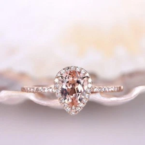 1.50 Ct Solitaire Pear Simulated Morganite Engagement Ring 14K Rose Gold Plated - Picture 1 of 6
