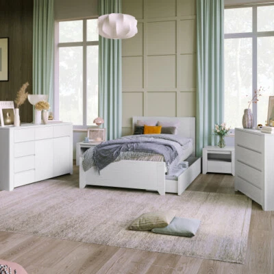 NEW White Bedroom Furniture Sets Dresser Nightstand Chest Beds Wood Bedroom Sets - Image 1 of 4