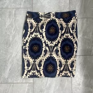 J. Crew blau und cremefarben Ikat Satin Bleistiftrock Größe 8 - Bild 1 von 5