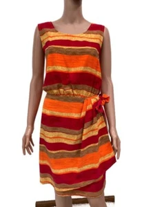 Sag Harbor Orang Red yellow Stripe Dress Faux Wrap Tie At Hip Sleeveless Size14 - Picture 1 of 11